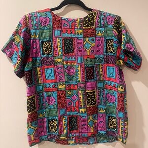 Vintage Anna And Frank Colorful Geometric Short Sleeve Top